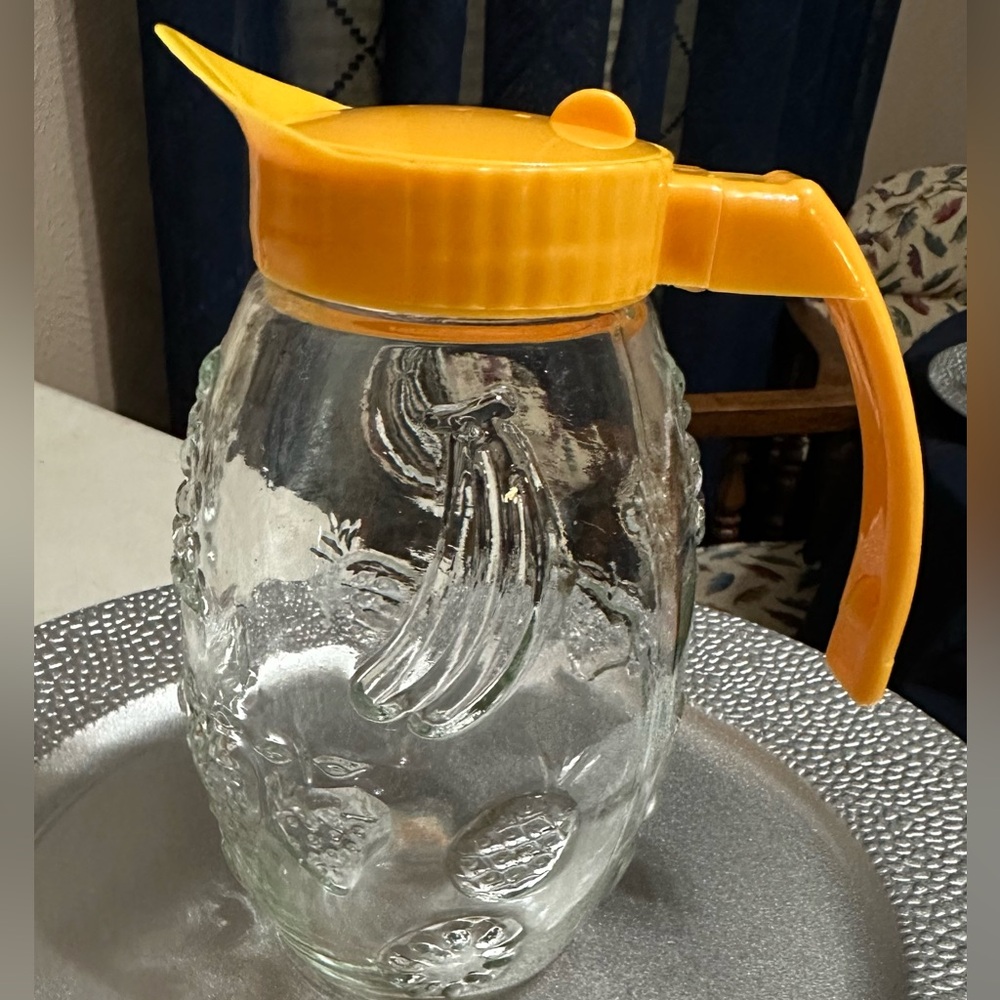 Vintage Embossed Fruit Shapes Glass Syrup Pitcher - 7" H - Yellow Cap & Handle